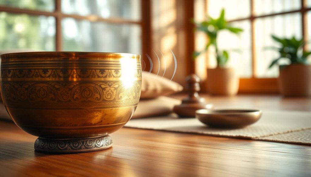 A serene scene featuring a traditional Tibetan singing bowl surrounded by calming elements. In the foreground, the bowl, made of aged brass with intricate carvings, reflects a soft, warm light, showcasing its rich patina. Gentle vibrations emanate from the bowl, with visible sound waves illustrated as soft, wavy lines in the air. The middle ground includes neatly arranged cushions and a subtle incense holder, hinting at a meditative environment. The background reveals a softly lit room with natural wooden textures and a hint of greenery from potted plants, creating an inviting atmosphere for relaxation. The overall mood is tranquil and harmonious, emphasizing the therapeutic aspects of Tibetan bowls, with soft, ambient lighting reminiscent of a peaceful spa retreat. Camera angle is slightly tilted downwards to capture both the bowl and the calming surroundings seamlessly.