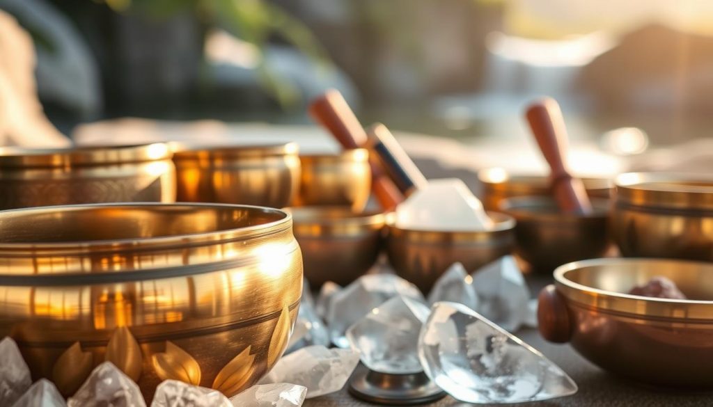 A serene scene showcasing a harmonious blend of metal Tibetan singing bowls and crystal quartz instruments. In the foreground, a polished brass bowl reflects soft, ambient light, surrounded by delicate quartz crystals that shimmer with hues of white and clear. In the middle, an arrangement of various singing bowls of different sizes and types, each with subtle details indicating their unique inlays and textures. The background features a calming, blurred landscape of natural elements, perhaps a gentle flow of water or lush greenery, bathed in warm, diffused sunlight. The atmosphere is tranquil and introspective, inviting viewers to feel a sense of peace and balance. The shot is taken from a slightly elevated angle to capture the intricate details of the instruments. A serene scene showcasing a harmonious blend of metal Tibetan singing bowls and crystal quartz instruments. In the foreground, a polished brass bowl reflects soft, ambient light, surrounded by delicate quartz crystals that shimmer with hues of white and clear. In the middle, an arrangement of various singing bowls of different sizes and types, each with subtle details indicating their unique inlays and textures. The background features a calming, blurred landscape of natural elements, perhaps a gentle flow of water or lush greenery, bathed in warm, diffused sunlight. The atmosphere is tranquil and introspective, inviting viewers to feel a sense of peace and balance. The shot is taken from a slightly elevated angle to capture the intricate details of the instruments.