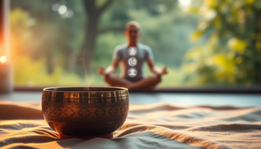 A serene setting showcasing a Tibetan singing bowl placed prominently in the foreground on a soft, textured fabric. Light delicately reflects off the polished surface of the bowl, highlighting its intricate engravings. Vibrations are visually represented as gentle, concentric waves emanating from the bowl, creating an aura of tranquility. In the middle ground, a faint silhouette of a meditative figure, dressed in modest casual attire, sits cross-legged with closed eyes, surrounded by softly glowing chakra symbols. The background features a tranquil nature scene with blurred greenery and gentle sunlight filtering through, enhancing the peaceful atmosphere. The image should evoke a sense of relaxation and focused attention, with soft, warm lighting that creates a calming effect. Use a shallow depth of field to emphasize the bowl and its vibrations while keeping the surrounding elements softly out of focus. A serene setting showcasing a Tibetan singing bowl placed prominently in the foreground on a soft, textured fabric. Light delicately reflects off the polished surface of the bowl, highlighting its intricate engravings. Vibrations are visually represented as gentle, concentric waves emanating from the bowl, creating an aura of tranquility. In the middle ground, a faint silhouette of a meditative figure, dressed in modest casual attire, sits cross-legged with closed eyes, surrounded by softly glowing chakra symbols. The background features a tranquil nature scene with blurred greenery and gentle sunlight filtering through, enhancing the peaceful atmosphere. The image should evoke a sense of relaxation and focused attention, with soft, warm lighting that creates a calming effect. Use a shallow depth of field to emphasize the bowl and its vibrations while keeping the surrounding elements softly out of focus.