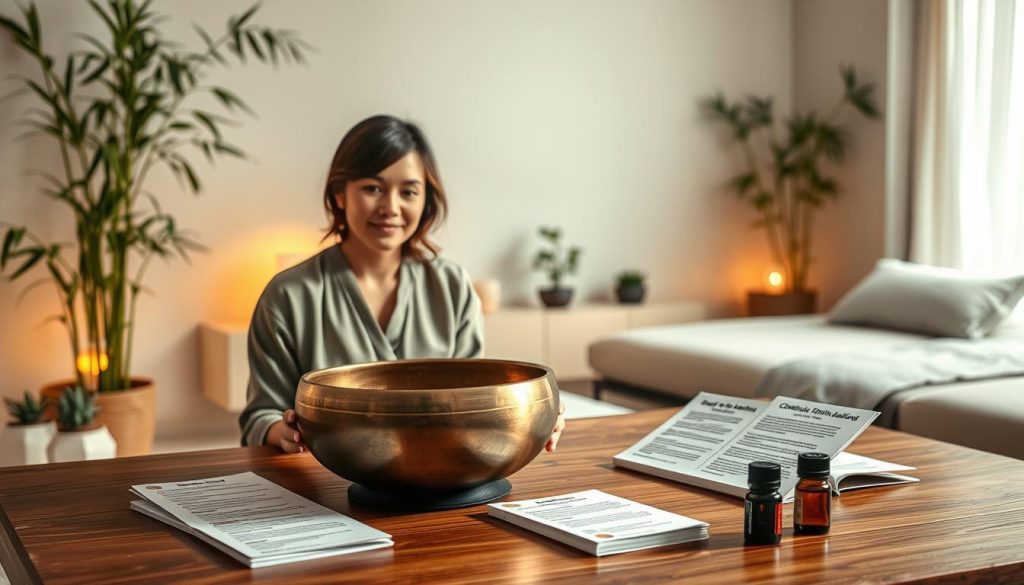 A serene wellness setting illustrating the concept of "contraindications" related to Tibetan bowl massage. In the foreground, a professional wellness consultant, dressed in modest professional clothing, is sitting at a wooden table with informational pamphlets about massage precautions. The middle ground features a softly lit environment with a Tibetan singing bowl, diminutive plants, and essential oils, enriching the atmosphere of calm and focus. The background shows a tranquil room with warm lighting, natural elements like bamboo and soft textiles, enhancing a sense of safety and mindfulness. The overall mood is informative yet soothing, inviting viewers to consider essential precautions before a massage session. Soft shadows and gentle light create a welcoming ambiance.