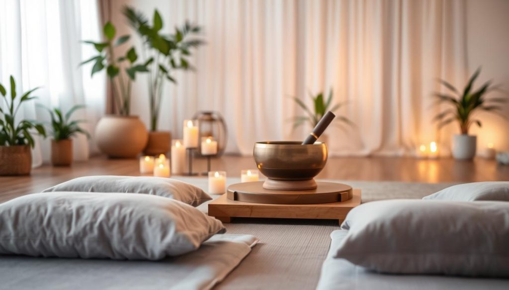 A tranquil scene depicting a serene relaxation space set for a Tibetan singing bowl massage. In the foreground, there are neatly arranged meditation cushions and soft, thick blankets in calming colors like lavender and soft gray. In the middle ground, a beautifully crafted Tibetan singing bowl sits atop a wooden table, surrounded by aromatic candles emitting a gentle flickering light. The background features a softly lit room with delicate drapes, lush indoor plants, and a calm atmosphere enhanced by warm ambient lighting. An inviting air of tranquility envelops the space, promoting deep relaxation. The overall mood is peaceful, soothing, and inviting, perfect for preparing for a profound relaxation experience.