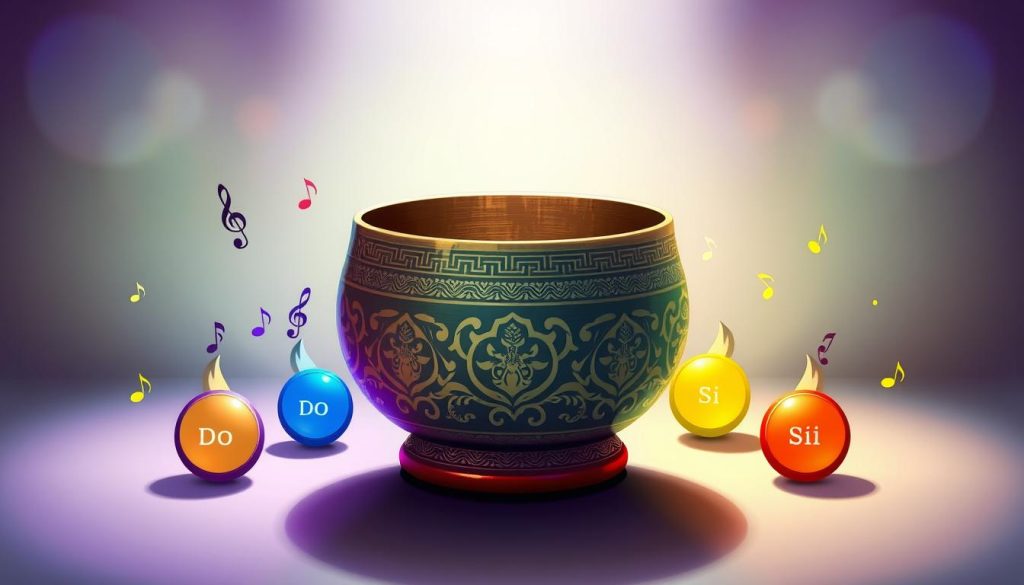 A vibrant, detailed illustration depicting the correspondence between musical notes and chakras. In the foreground, seven colorful chakra symbols labeled from "Do" to "Si," with harmonious musical notes flowing around them, symbolizing energy and sound. The middle layer features a serene Tibetan singing bowl, intricately designed with traditional patterns, casting soft reflections. The background displays a subtle gradient representing a calming energy flow, blending hues of purple, blue, green, yellow, orange, and red corresponding to each chakra. Soft, ambient lighting illuminates the scene, creating a tranquil atmosphere. The composition should evoke a sense of balance and harmony, inviting viewers to explore the connection between sound and energy. No text or distractions in the image. A vibrant, detailed illustration depicting the correspondence between musical notes and chakras. In the foreground, seven colorful chakra symbols labeled from "Do" to "Si," with harmonious musical notes flowing around them, symbolizing energy and sound. The middle layer features a serene Tibetan singing bowl, intricately designed with traditional patterns, casting soft reflections. The background displays a subtle gradient representing a calming energy flow, blending hues of purple, blue, green, yellow, orange, and red corresponding to each chakra. Soft, ambient lighting illuminates the scene, creating a tranquil atmosphere. The composition should evoke a sense of balance and harmony, inviting viewers to explore the connection between sound and energy. No text or distractions in the image.