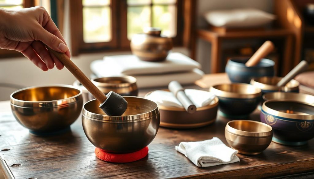 A beautifully arranged display of Tibetan singing bowls on a rustic wooden table, showcasing various sizes and designs, each with a distinct sheen and vibrant color. In the foreground, a hand gently holds a mallet above a bowl about to be played, emphasizing the tactile connection. The middle layer includes a neatly organized collection of accessories, like cushions and strikers, elegantly complementing the bowls. In the background, soft natural light filters through a window, casting warm highlights and gentle shadows, enhancing the tranquil atmosphere. The image should evoke a sense of calm and mindfulness, inviting viewers to explore the art of sound healing. Focus on clear details and textures of the bowls, while maintaining a serene and harmonious mood throughout. A beautifully arranged display of Tibetan singing bowls on a rustic wooden table, showcasing various sizes and designs, each with a distinct sheen and vibrant color. In the foreground, a hand gently holds a mallet above a bowl about to be played, emphasizing the tactile connection. The middle layer includes a neatly organized collection of accessories, like cushions and strikers, elegantly complementing the bowls. In the background, soft natural light filters through a window, casting warm highlights and gentle shadows, enhancing the tranquil atmosphere. The image should evoke a sense of calm and mindfulness, inviting viewers to explore the art of sound healing. Focus on clear details and textures of the bowls, while maintaining a serene and harmonious mood throughout.