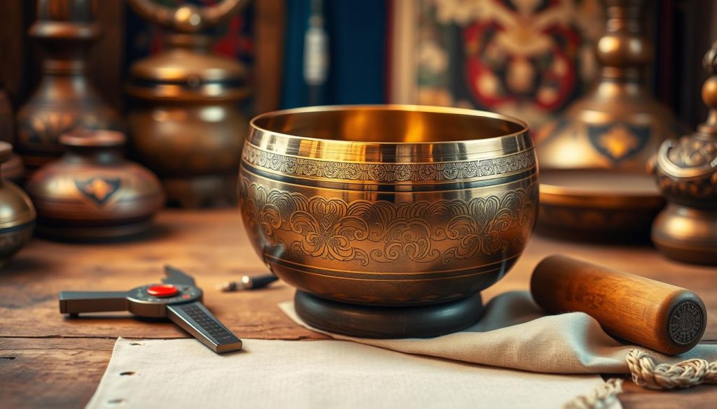 A close-up view of a Tibetan singing bowl sitting atop a rustic wooden surface, surrounded by meticulous verification tools—a caliper measuring the diameter and a mallet resting beside it. The singing bowl reflects intricate engravings that shimmer softly in the warm, diffused lighting, creating a serene and meditative atmosphere. The middle ground should feature delicate fabric swatches showcasing various colors and textures that can complement the bowl, hinting at the craftsmanship involved in its creation. In the background, blurred images of traditional Tibetan artifacts add depth without distracting from the main subject. The entire composition should evoke tranquility and reverence, emphasizing the beauty and authenticity of Tibetan singing bowls. A close-up view of a Tibetan singing bowl sitting atop a rustic wooden surface, surrounded by meticulous verification tools—a caliper measuring the diameter and a mallet resting beside it. The singing bowl reflects intricate engravings that shimmer softly in the warm, diffused lighting, creating a serene and meditative atmosphere. The middle ground should feature delicate fabric swatches showcasing various colors and textures that can complement the bowl, hinting at the craftsmanship involved in its creation. In the background, blurred images of traditional Tibetan artifacts add depth without distracting from the main subject. The entire composition should evoke tranquility and reverence, emphasizing the beauty and authenticity of Tibetan singing bowls.
