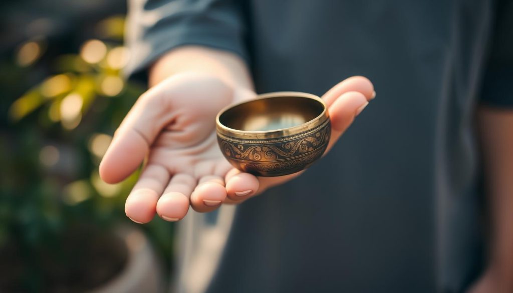A small, intricately designed Tibetan singing bowl held delicately in an open hand, showcasing fine craftsmanship with detailed engravings and a shimmering patina. The hand belongs to an individual dressed in modest casual attire, symbolizing a connection to spirituality. The focus is sharp on the bowl, with a soft bokeh background featuring natural elements, like blurred greenery and gentle lighting that creates a serene atmosphere. The image is captured from a slightly elevated angle to emphasize the bowl's intricate design and the warmth of the hand holding it, evoking peace and mindfulness, with soft, warm lighting to enhance the tranquil mood. A small, intricately designed Tibetan singing bowl held delicately in an open hand, showcasing fine craftsmanship with detailed engravings and a shimmering patina. The hand belongs to an individual dressed in modest casual attire, symbolizing a connection to spirituality. The focus is sharp on the bowl, with a soft bokeh background featuring natural elements, like blurred greenery and gentle lighting that creates a serene atmosphere. The image is captured from a slightly elevated angle to emphasize the bowl's intricate design and the warmth of the hand holding it, evoking peace and mindfulness, with soft, warm lighting to enhance the tranquil mood.