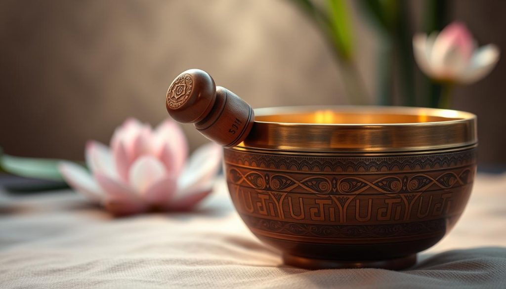 A wooden mallet gently rubbing along the rim of a Tibetan singing bowl, showcasing intricate carvings and a polished finish. The foreground features the mallet with soft, warm lighting reflecting off its wooden texture, highlighting the craftsmanship. In the middle ground, the singing bowl, resting on a soft, textured surface, emits soft, glowing resonant waves, depicted with subtle light effects. The background is softly blurred, featuring hints of natural elements like a blurred lotus flower or bamboo, creating an organic, serene atmosphere. The overall mood is tranquil and meditative, capturing the essence of traditional Tibetan culture and the calming sound of the bowl. Using a macro lens with a shallow depth of field to enhance focus on the mallet and bowl, the photograph portrays a rich, harmonious scene. A wooden mallet gently rubbing along the rim of a Tibetan singing bowl, showcasing intricate carvings and a polished finish. The foreground features the mallet with soft, warm lighting reflecting off its wooden texture, highlighting the craftsmanship. In the middle ground, the singing bowl, resting on a soft, textured surface, emits soft, glowing resonant waves, depicted with subtle light effects. The background is softly blurred, featuring hints of natural elements like a blurred lotus flower or bamboo, creating an organic, serene atmosphere. The overall mood is tranquil and meditative, capturing the essence of traditional Tibetan culture and the calming sound of the bowl. Using a macro lens with a shallow depth of field to enhance focus on the mallet and bowl, the photograph portrays a rich, harmonious scene.